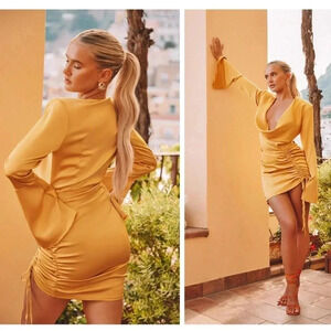 Pretty Little Thing Yellow Ruched Plunge Cowl Neck Drape Dress Size 2 NWT Party